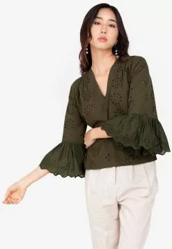 ZALORA BASICS Broderie Bell Sleeve Blouse