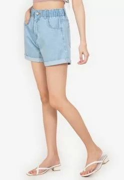 ZALORA BASICS Elastic Waist Denim Mom Shorts