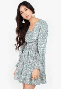 ZALORA BASICS Long Sleeve Pleat Detail Mini Dress