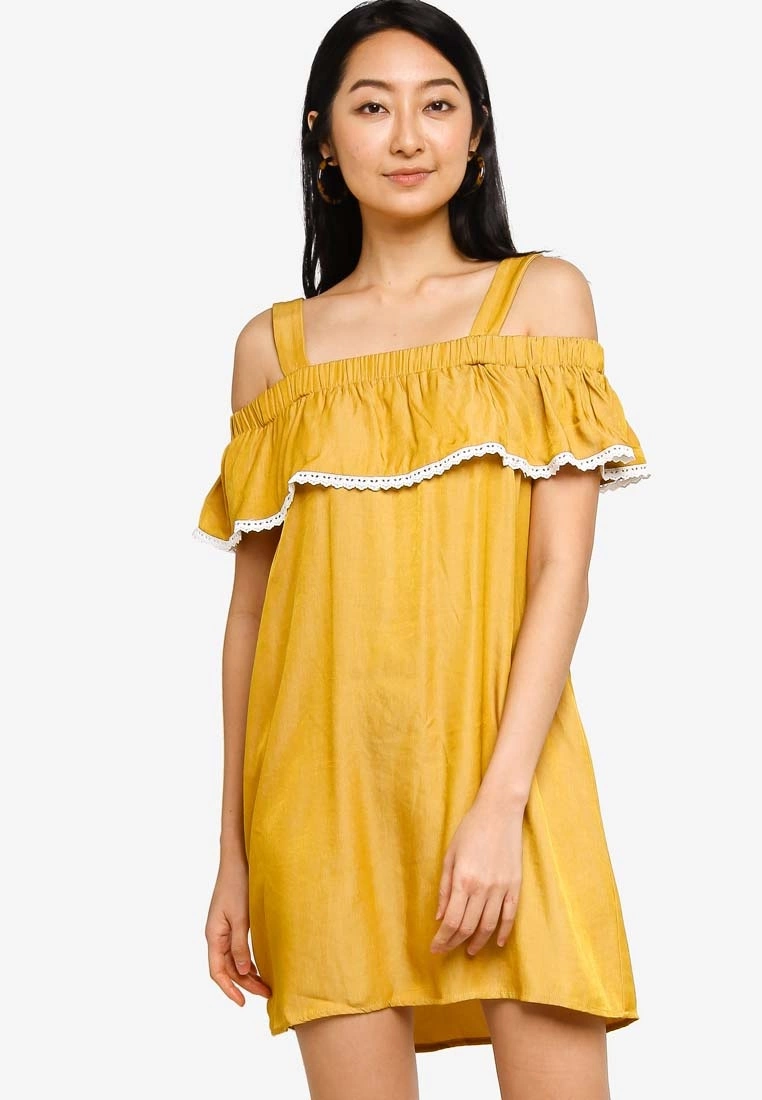 ZALORA BASICS Embroidered Cold Shoulder Mini Dress