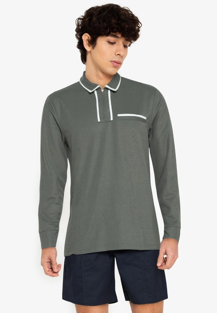 ZALORA BASICS Contrast Trim Long Sleeve Polo Tee