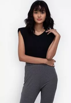 ZALORA BASICS Rib V Neck Shoulder Pad T-shirt