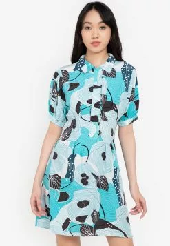 ZALORA BASICS Geometric Puff Sleeve Shirt Dress