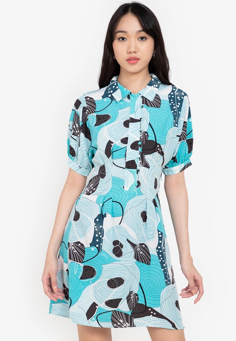 ZALORA BASICS Geometric Puff Sleeve Shirt Dress