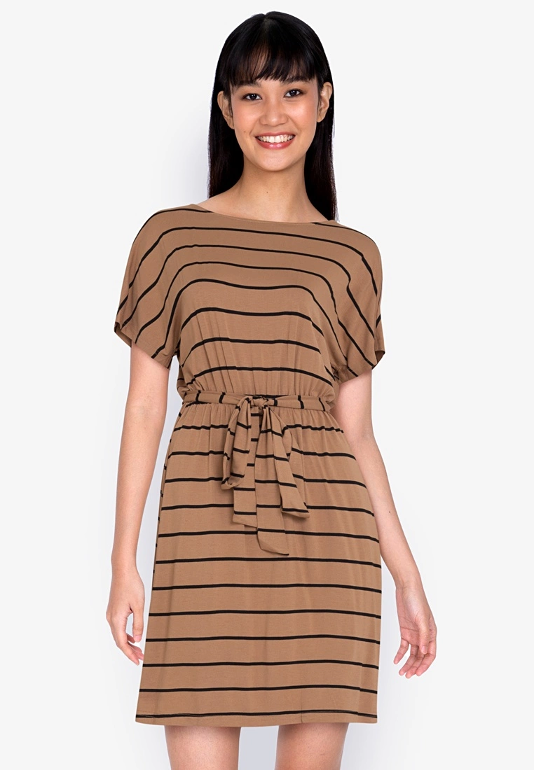 ZALORA BASICS Batwing Sleeve Belted Striped Dress