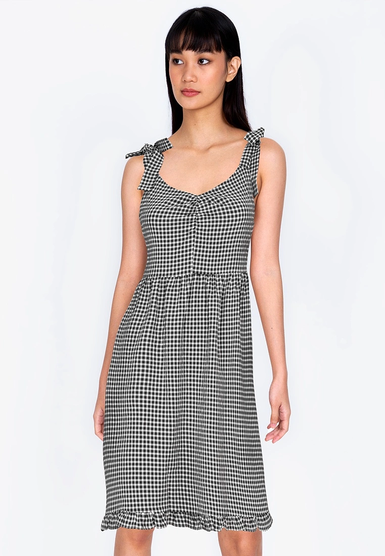 ZALORA BASICS Tie Strap Gingham Midi Dress