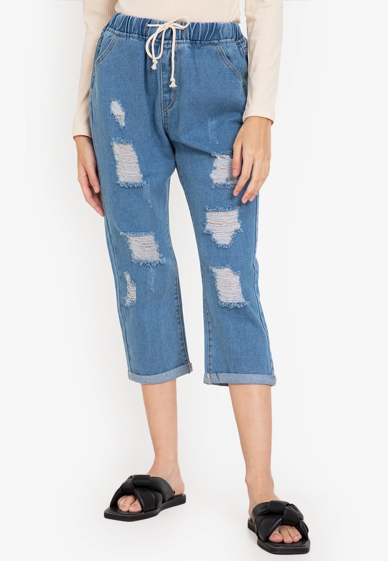 ZALORA BASICS Distressed Drawstring Cropped Jeans