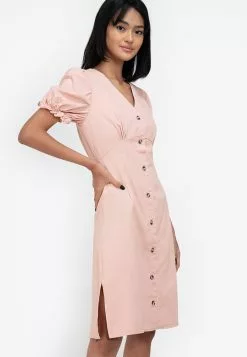 ZALORA BASICS V-neck Puff Sleeve Denim Dress