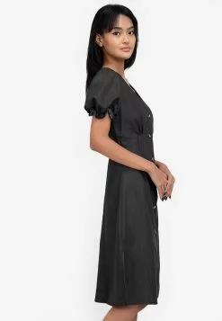 ZALORA BASICS V-neck Puff Sleeve Denim Dress
