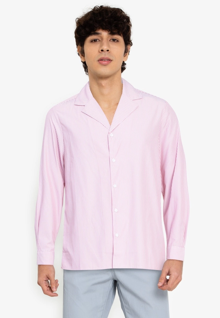 ZALORA BASICS Stripes Camp-Collar Shirt