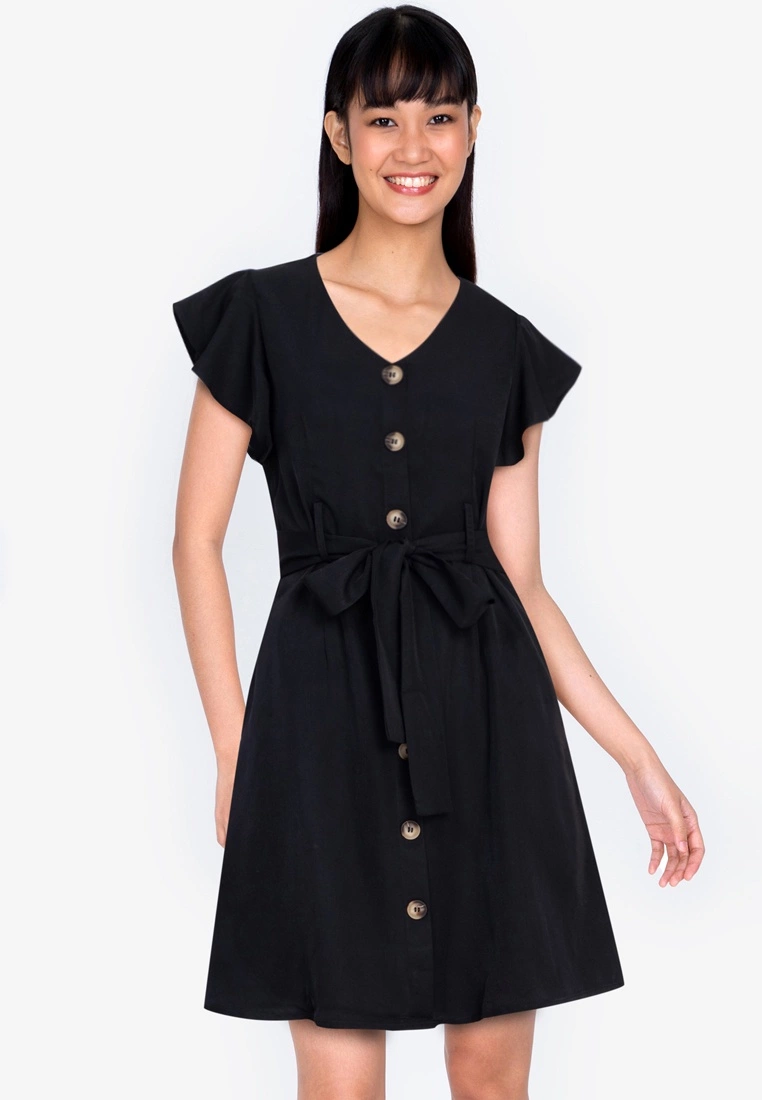 ZALORA BASICS Ruffle Sleeve Dress with Sash