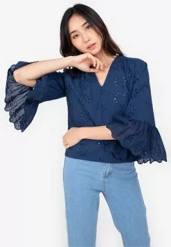 ZALORA BASICS Broderie Bell Sleeve Blouse