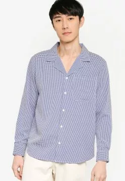 ZALORA BASICS Gingham Seersucker Camp Collar Shirt