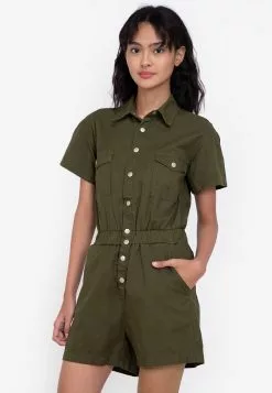 ZALORA BASICS Roll Sleeve Utility Denim Romper