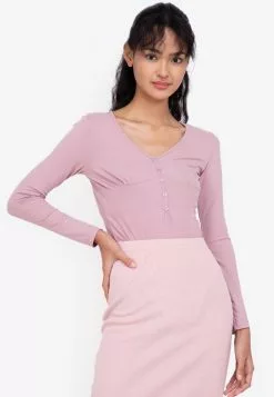 ZALORA BASICS Long Sleeve Deep V Bodysuit
