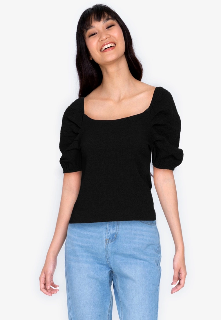 ZALORA BASICS Boatneck Pleated Sleeve Top