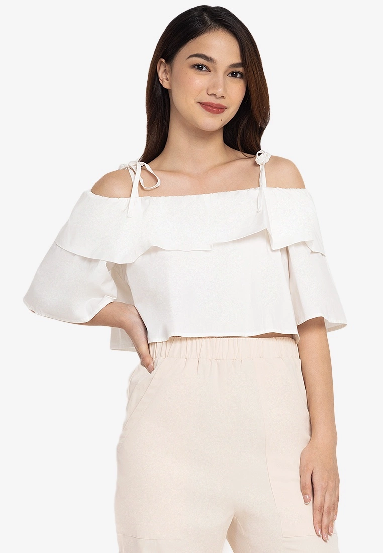 ZALORA BASICS Cold Shoulder Ruffle Detail Top