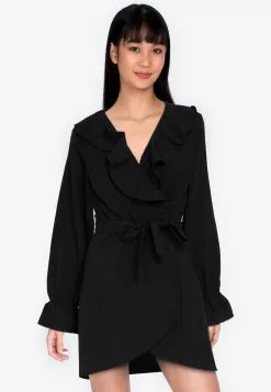 ZALORA BASICS Ruffle Detail Long Sleeve Wrap Dress