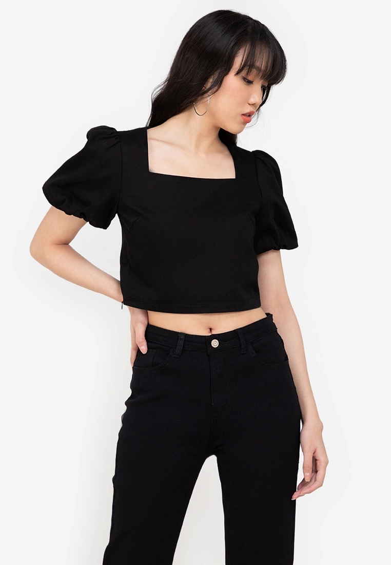 ZALORA BASICS Puff Sleeve Chambray Crop Top