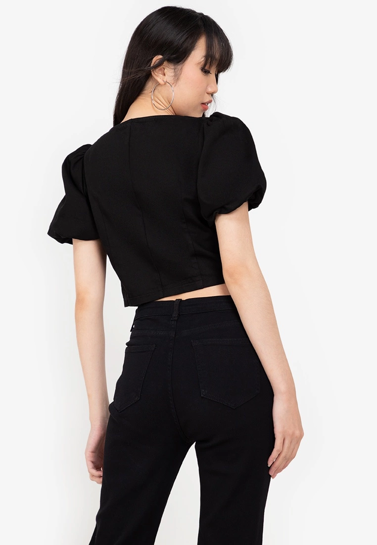 ZALORA BASICS Puff Sleeve Chambray Crop Top - Billede 2