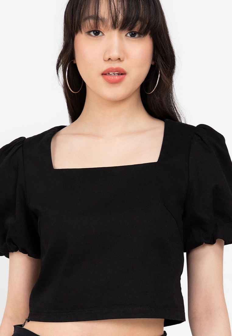 ZALORA BASICS Puff Sleeve Chambray Crop Top - Billede 3