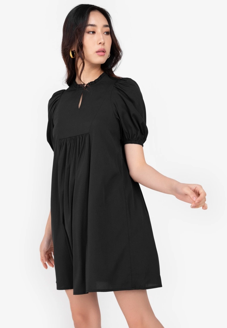 ZALORA BASICS Puff Sleeve Keyhole Front Mini Dress