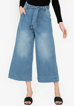 ZALORA BASICS Wide Leg Tie Waist Crop Denim Jeans