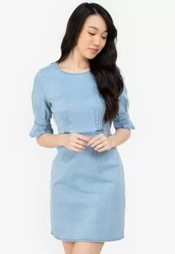 ZALORA BASICS Flounce Sleeve Fitted Denim Dress