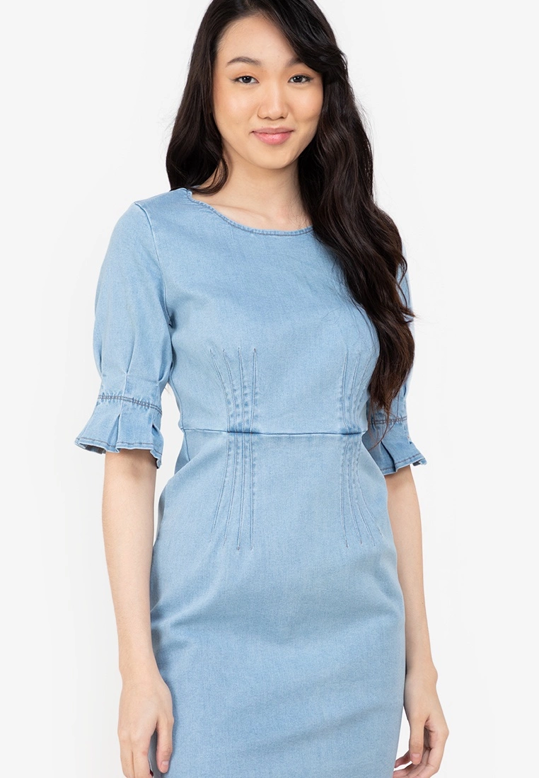 ZALORA BASICS Flounce Sleeve Fitted Denim Dress - Billede 3