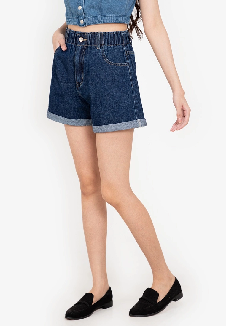 ZALORA BASICS Elastic Waist Denim Mom Shorts