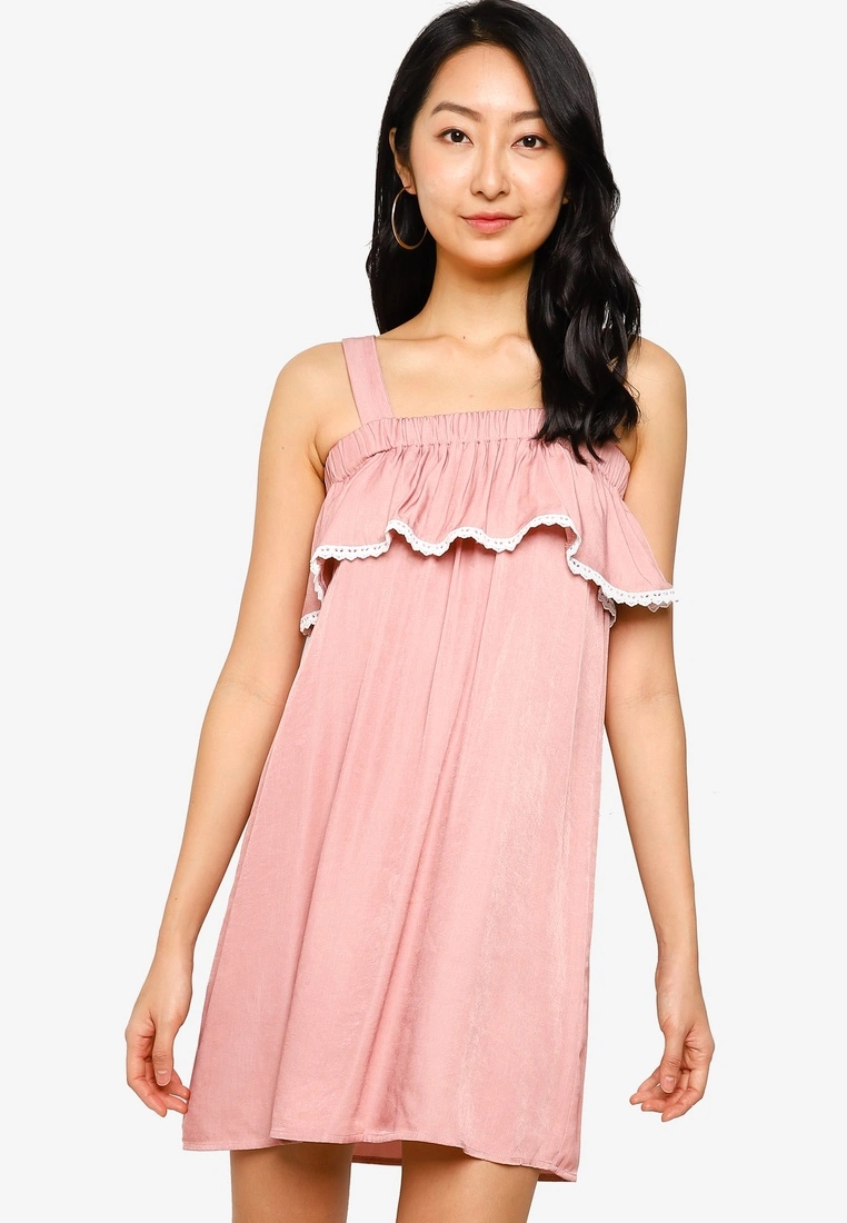 ZALORA BASICS Embroidered Cold Shoulder Mini Dress