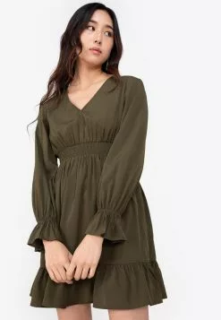 ZALORA BASICS Long Sleeve Pleat Detail Mini Dress