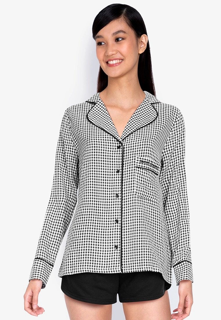 ZALORA BASICS Lounge Contrast Flannel Pyjama Shirt