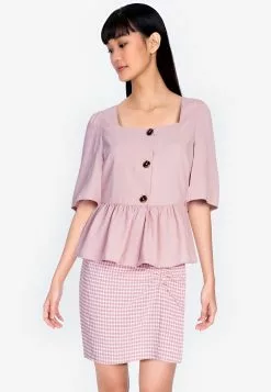 ZALORA BASICS Square Neck Button Down Peplum Blouse