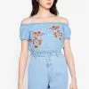 ZALORA BASICS Embroidered Off-Shoulder Denim Top