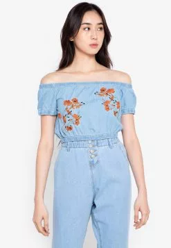 ZALORA BASICS Embroidered Off-Shoulder Denim Top