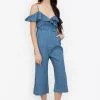 ZALORA BASICS Cold Shoulder Denim Capri Jumpsuit