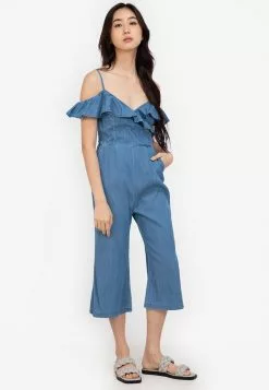 ZALORA BASICS Cold Shoulder Denim Capri Jumpsuit