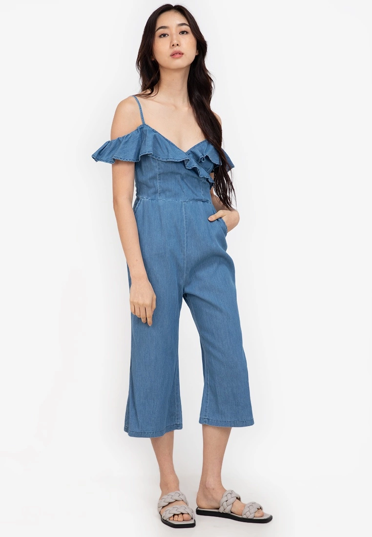 ZALORA BASICS Cold Shoulder Denim Capri Jumpsuit