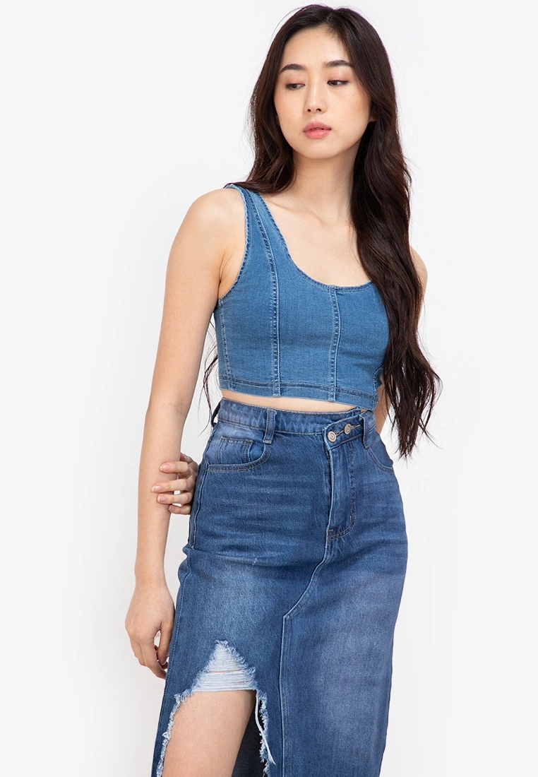 ZALORA BASICS Denim Panelled Crop Top