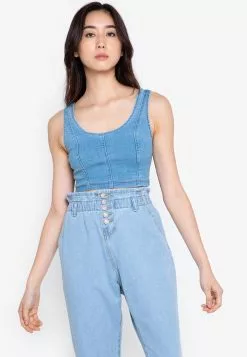 ZALORA BASICS Denim Panelled Crop Top