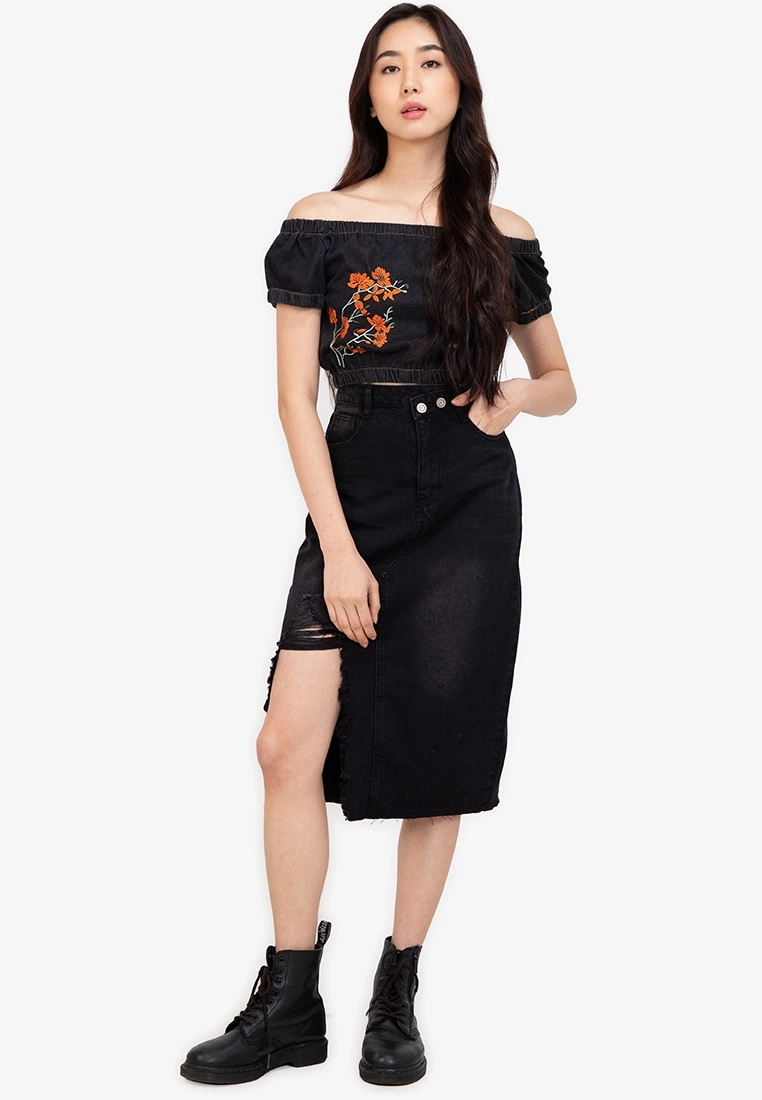 ZALORA BASICS Knee Length Distressed Slit Denim Skirt - Billede 4