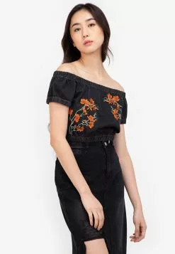 ZALORA BASICS Embroidered Off-Shoulder Denim Top