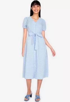 ZALORA BASICS Puff Sleeve Gingham Midi Dress