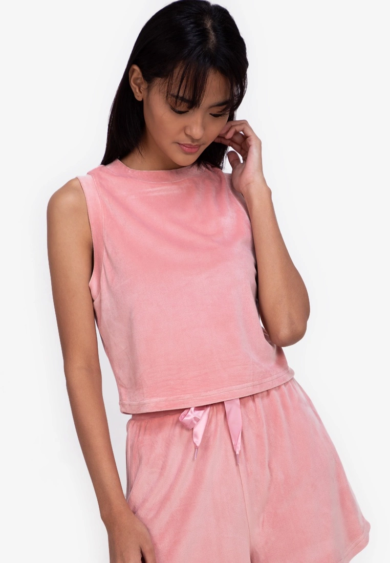 ZALORA BASICS Lounge Velour Crew Neck Tank