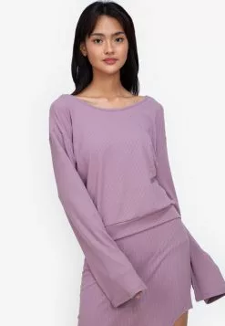 ZALORA BASICS Flare Sleeve Tie Back Rib Top