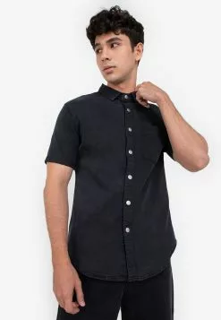 ZALORA BASICS Fold Up Sleeve Stretch Slim Denim Shirt