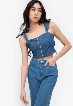 ZALORA BASICS Crop Tie Shoulder Denim Top