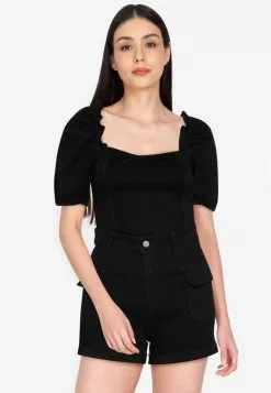 ZALORA BASICS Short Puff Sleeve Cropped Denim Top