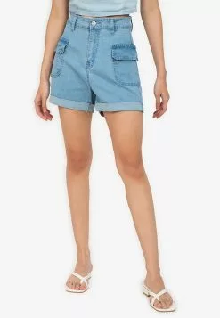ZALORA BASICS Cuffed Hem Denim Cargo Shorts